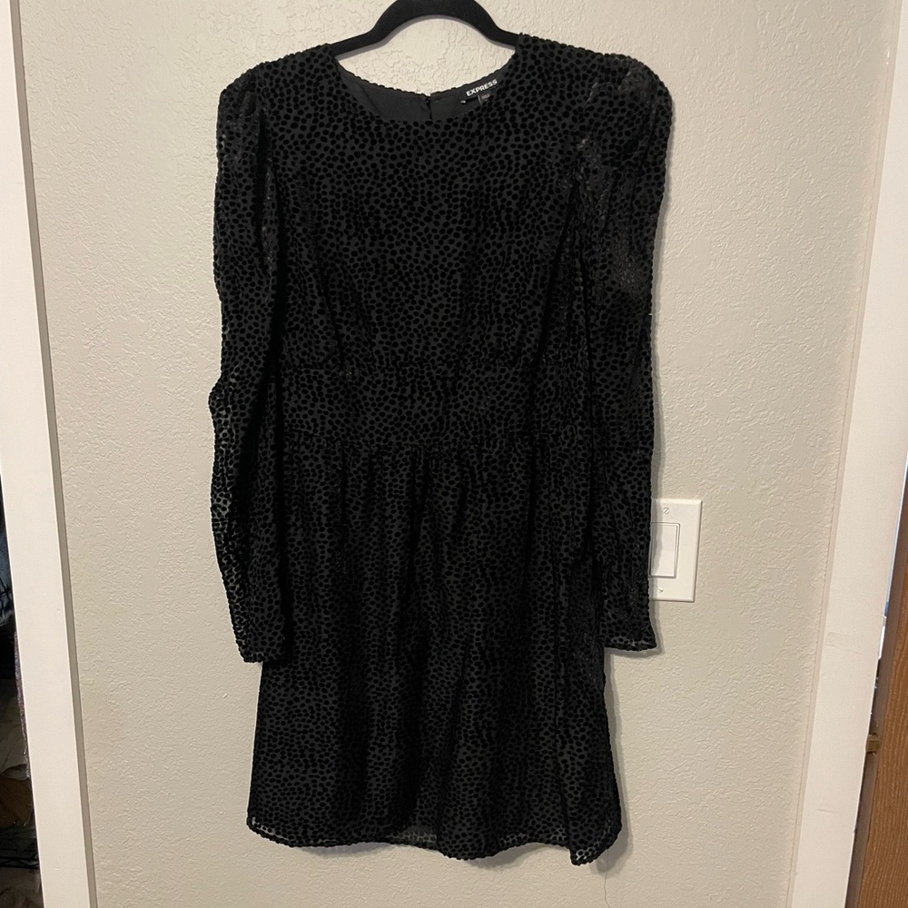 Express Black Velvet Polka Dot Puff Shoulder Mini Dress Long Sleeve